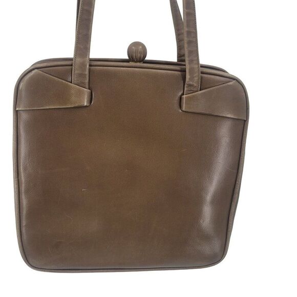Vintage 60s 50s Brown Leather Handbag Framed Square Double Handles Satin Lining - Picture 11 of 11